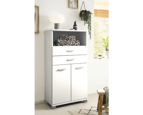 Weißer Badezimmerschrank mit Ablage, Schubladen und Türen