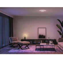 Wohnzimmer mit Deckenleuchte, Sessel, Sofa und Couchtisch