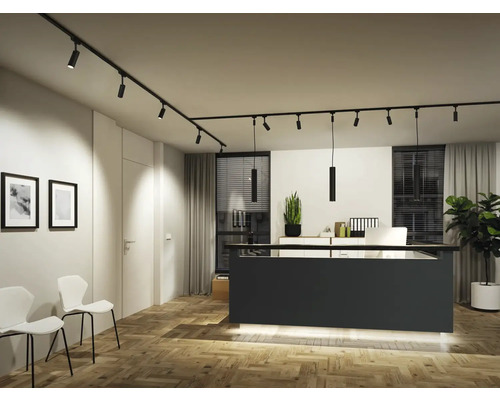 Büro mit schwarzem Schienensystem mit Strahlern und Pendelleuchten