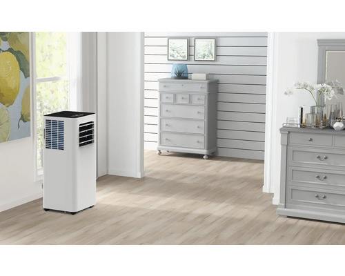 Zimmeransicht mit tragbarer Klimaanlage, Kommode und Dekoration