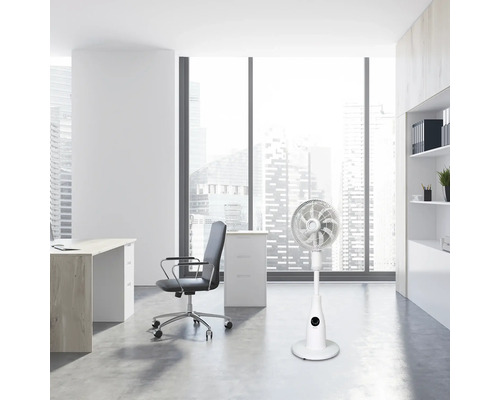 Büroraum mit Schreibtisch, Bürostuhl und Ventilator