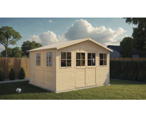 Gartenhaus aus Holz mit Fenstern und Doppeltür auf Rasen