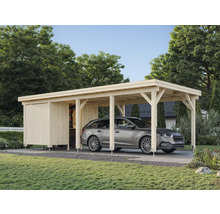 Carport aus Holz mit angrenzendem Geräteschuppen und einem parkenden Auto