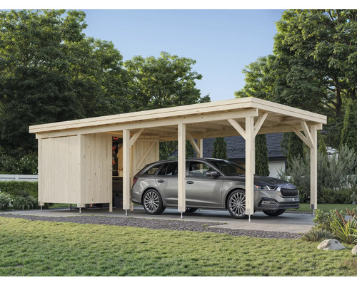 Carport aus Holz mit angrenzendem Geräteschuppen und einem parkenden Auto