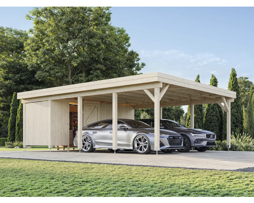 Carport aus Holz mit zwei geparkten Autos