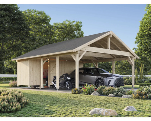 Carport aus Holz mit Auto und Motorrad im Garten