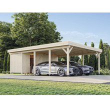 Carport aus Holz mit zwei geparkten Autos