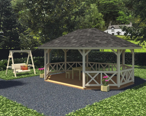 Gartenpavillon mit Dach, Holzgeländer, Tisch und Schaukel im Garten