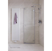 Modernes Badezimmer mit Glasdusche, Heizkörper und Handtuch