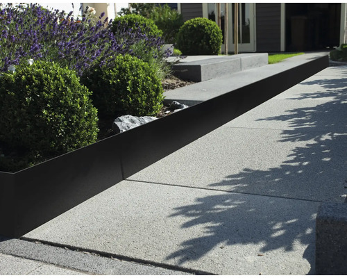 Beeteinfassung Rasenkante Stärke 0,5 mm 10 m x 15 cm schwarz Stahl Gartenszene mit Rasenkanten aus Metall zwischen Pflanzen und gepflastertem Weg