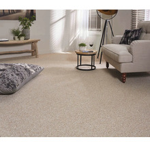 Beige Auslegware in einem Wohnzimmer mit Sessel, Tisch und Dekoration