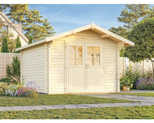 Holzgartenhaus mit Doppeltür und Sprossenfenstern im Garten