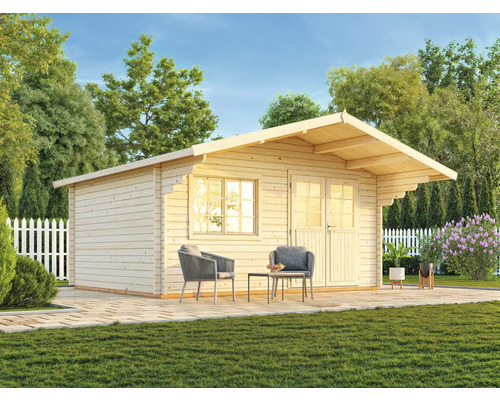 Gartenhaus aus Holz mit Fenster und Doppeltür im Garten