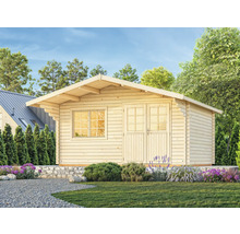 Holzgartenhaus mit Fenster und Doppeltür im Garten.