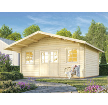 Holzgartenhaus mit Doppeltür und Fenstern in einem gepflegten Garten