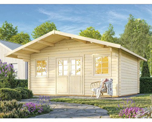 Holzgartenhaus mit Doppeltür und Fenstern in einem gepflegten Garten