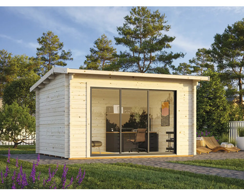 Holzgartenhaus mit Schiebetür und Büroeinrichtung