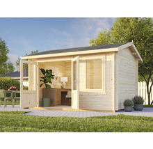Holzgartenhaus mit geöffneten Doppeltüren, Fenster und Büromöbeln im Inneren