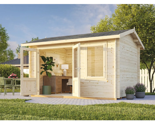 Holzgartenhaus mit geöffneten Doppeltüren und Fenstern