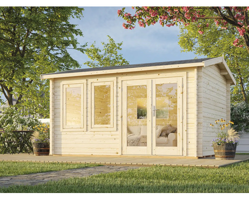 Gartenhaus aus Holz mit Fenstern und Doppeltür