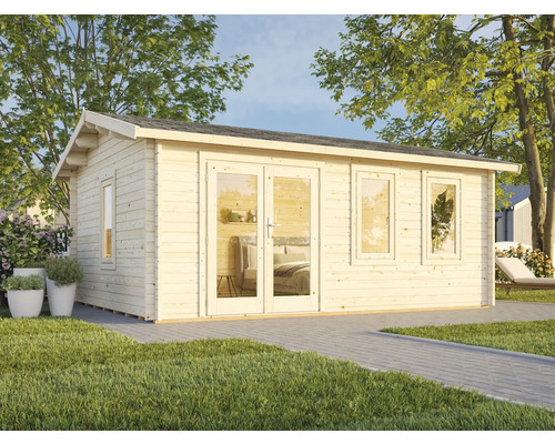 Gartenhaus aus Holz mit Fenstern und Doppeltür