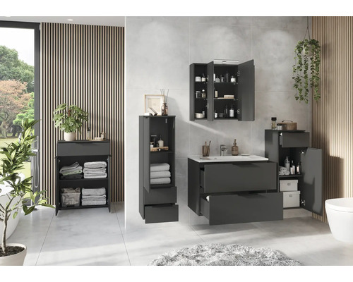 Modernes Badezimmer mit grauen Badmöbeln und Waschbecken