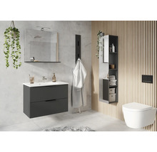 Modernes Badezimmer mit Waschtischunterschrank, Spiegelschrank, Hängeregal und Wand-WC.