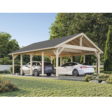Doppelcarport aus Holz mit zwei geparkten Autos