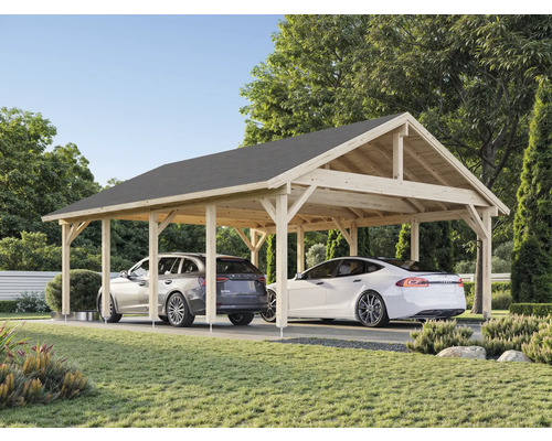 Doppelcarport aus Holz mit zwei Autos im Garten