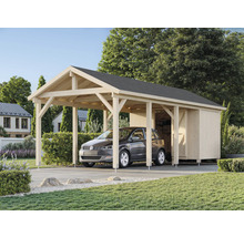 Carport mit Geräteschuppen und geparktem Auto im Garten.
