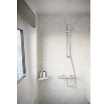 Helles Badezimmer mit Dusche, Ablage und Fenster