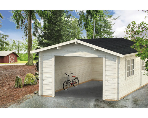Holzgarage mit Fahrrad im Inneren und Fenster