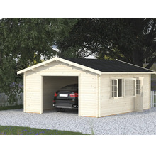 Holzgarage mit Auto, Fenster und Tür in einem Garten