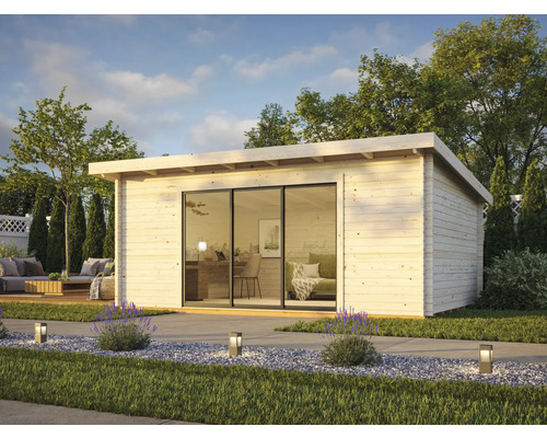 Modernes Gartenhaus mit Schiebetür und umliegendem Gartenbereich