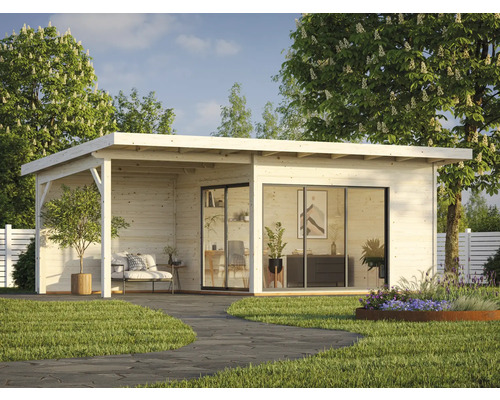 Modernes Gartenhaus mit Terrasse, Schiebetüren und Fensterfront in hellem Holz auf Rasenfläche