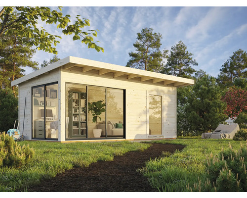 Modernes Gartenhaus mit Glasfront im gepflegten Garten