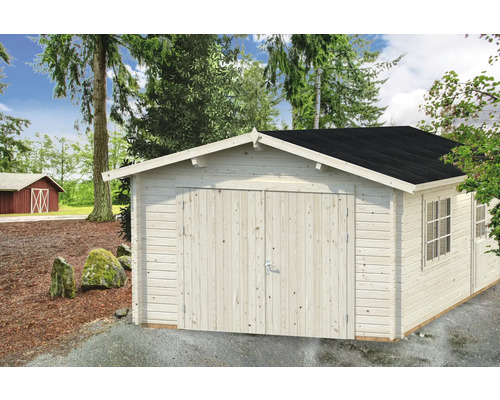 Holzgartenhaus mit Doppeltür und schwarzem Dach vor Bäumen