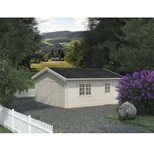 Gartenhaus mit Garage, Fenster und Tür auf einem Grundstück