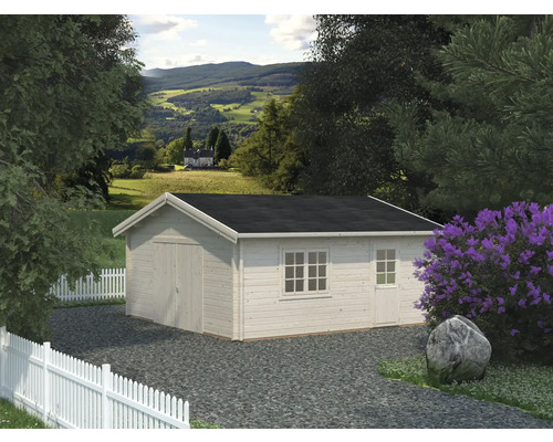 Gartenhaus mit Garage, Fenster und Tür auf einem Grundstück