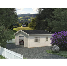 Holzgarage mit Motorrad und angrenzendem Garten