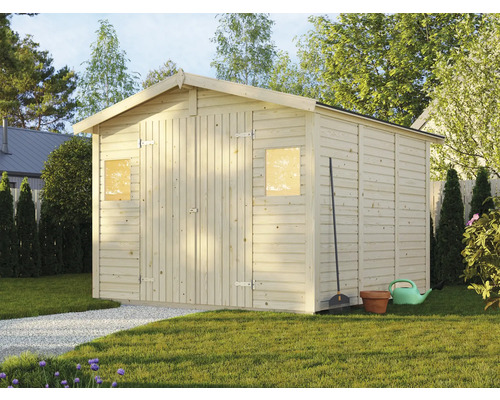Holzgartenhaus mit Doppeltür und zwei Fenstern im Garten