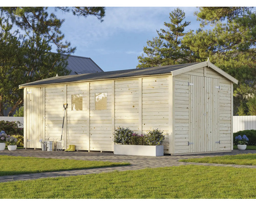 Gartenhaus aus Holz mit Fenstern und Doppeltür im Garten