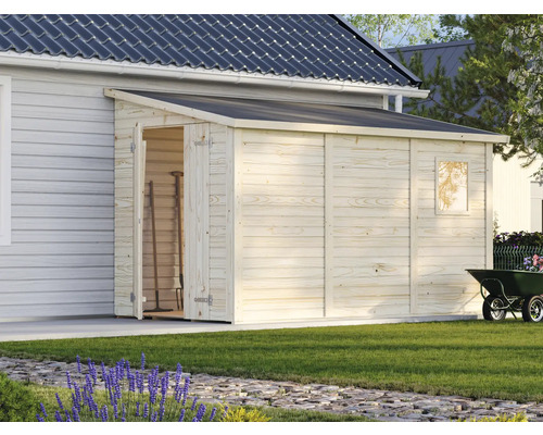 Gartenschuppen aus Holz mit geöffneter Tür und Fenster
