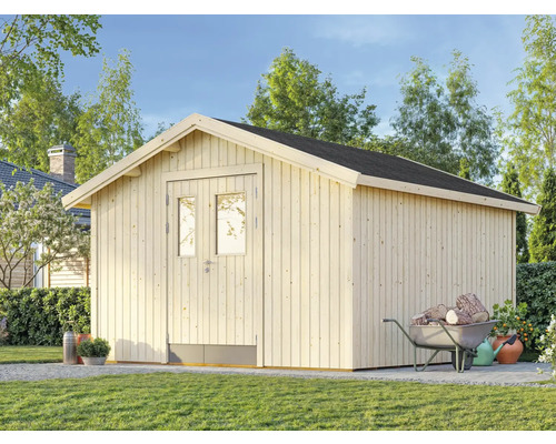 Gartenhaus aus Holz mit Doppeltür und Satteldach im Garten