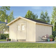Holzgartenhaus mit Doppeltür und Schubkarre im Garten