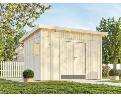 Gartenhaus aus Holz mit Tür und Fenster im Garten