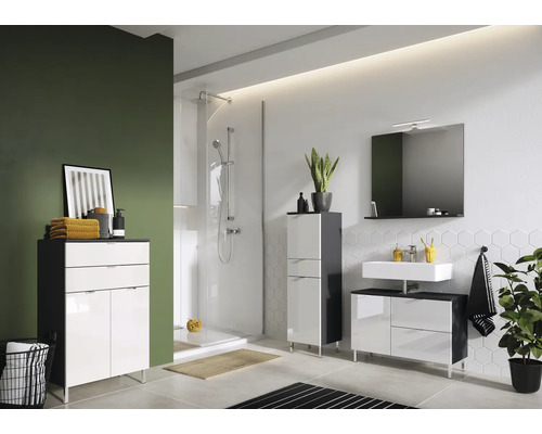 Badezimmer mit Dusche, Waschbeckenunterschrank und Hochschrank in einem modernen Design