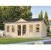 Gartenhaus mit Fenstern und Doppeltür auf Rasenfläche