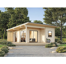 Modernes Gartenhaus aus Holz mit großen Glasflächen und Flachdach.