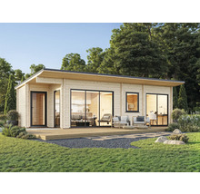 Modernes Gartenhaus aus Holz mit Terrasse und großen Fenstern